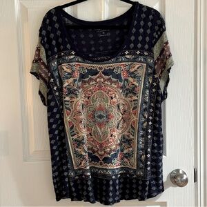 Lucky Brand Navy and Multicolor Patterned Blouse